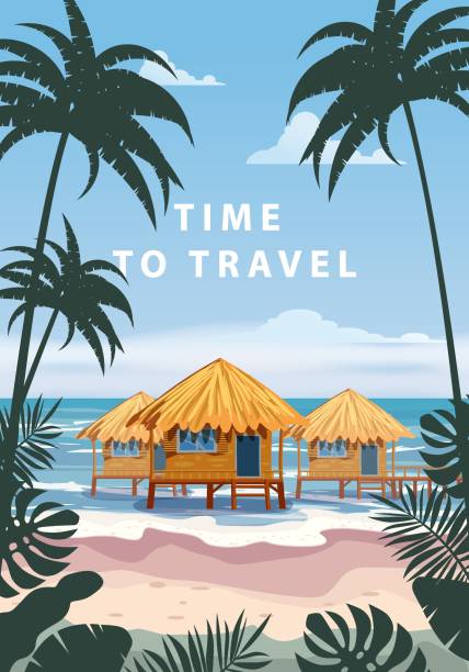 ÐÑÐ½Ð¾Ð²Ð½ÑÐµ RGB Time to travel. Tropical resort poster vintage. Beach coast traditional huts, palms, ocean. Retro style illustration vector isolated caribbean stock illustrations