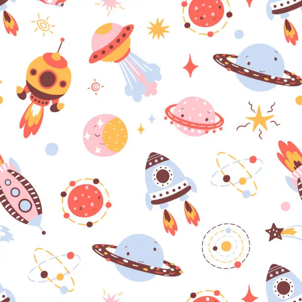 Vector illustration of Kids space seamless pattern. Scandinavian universe kids background, ships and planets. Cartoon stars, comets and cosmos elements, nowaday vector fabric print