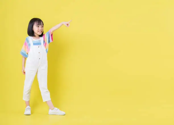 Photo of Full length image of Asian child posing on yellow background