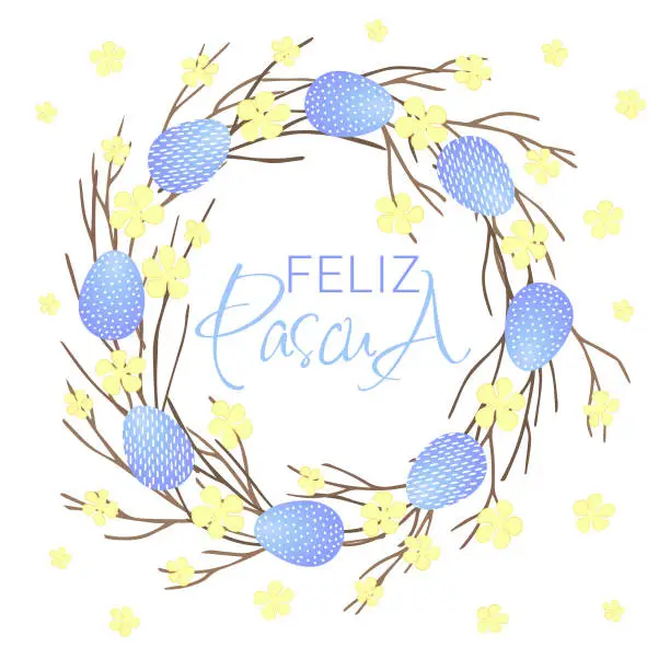 Vector illustration of Feliz Pascua lettering. Easter wreath with Easter eggs, flowers and branches on white background