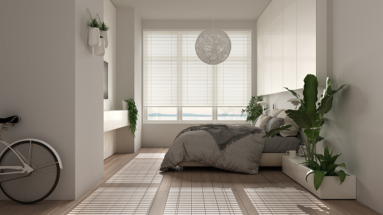 Panoramic white minimalist bedroom with parquet, big window, house plants, soft duvet and pillows. Eco green concept, interior design
