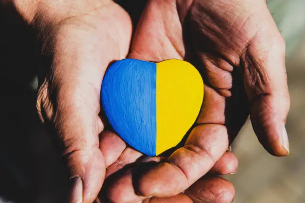 Photo of Senior man or soldier hands holding heart shape stone painted with Ukraine flag