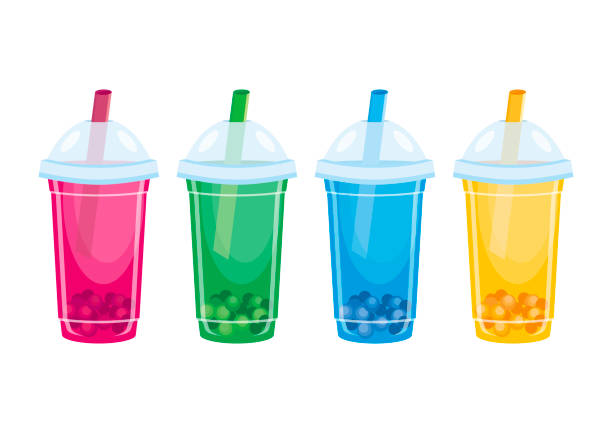 napój fruit bubble tea w plastikowym kubku zestaw ikon wektor - green smoothie single object cold drink isolated on green stock illustrations