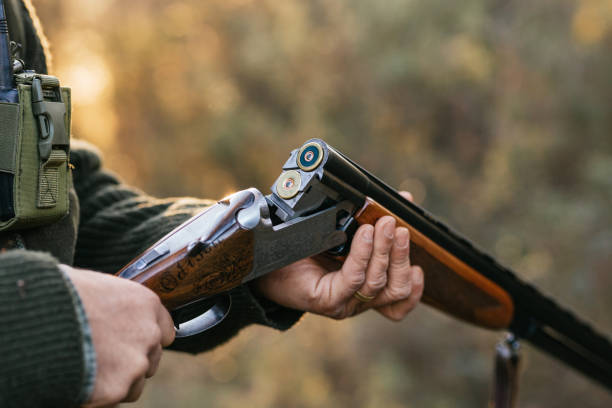 istock Man loading cartridges in gun for hunting in forest 1388529662