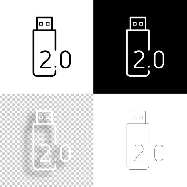 ilustraciones, imágenes clip art, dibujos animados e iconos de stock de unidad flash usb 2.0. icono para el diseño. fondos en blanco, blancos y negros - icono de línea - usb 2 0