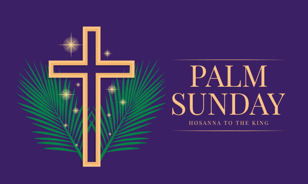 Palm sunday, hosana to the king - gold cross crucifix sign on green plam leaves and star light around on purple background vector design Palm sunday, hosana to the king - gold cross crucifix sign on green plam leaves and star light around on purple background vector design lent season stock illustrations