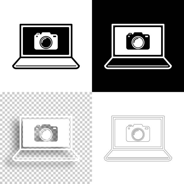 ilustrações de stock, clip art, desenhos animados e ícones de laptop with camera. icon for design. blank, white and black backgrounds - line icon - conference call flash