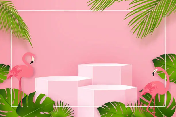 Vector illustration of 3 step podium mock up for products display in pink tropical summer theme