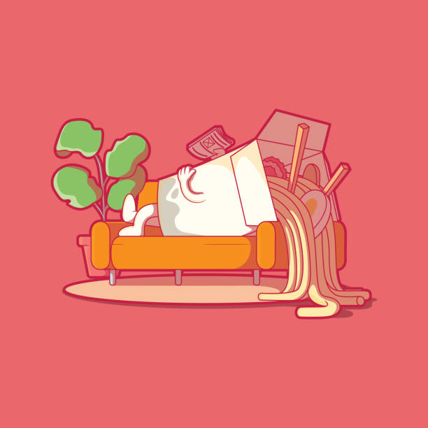ilustrações de stock, clip art, desenhos animados e ícones de ramen box character chilling on the couch vector illustration. - cair no sofá