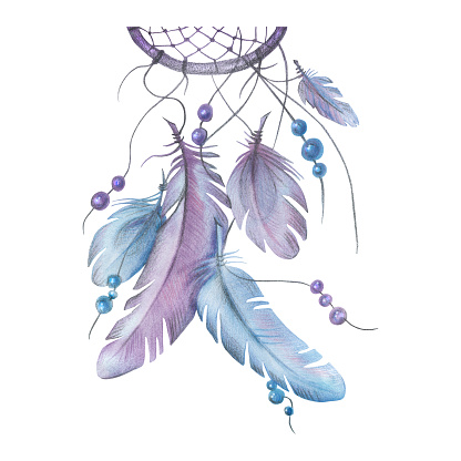 Watercolor illustration dreamcatcher lilac-blue with feathers and beads. Delicate lilac painted using colored pencils. For poster, wallpaper, decoration, postcard, design