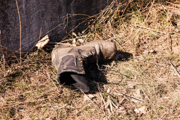 Boot of the Russian occupier, left after the battle. War in Ukraine.