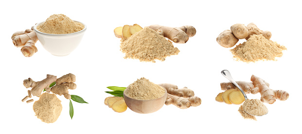 Set with ginger root and powder on white background. Banner design