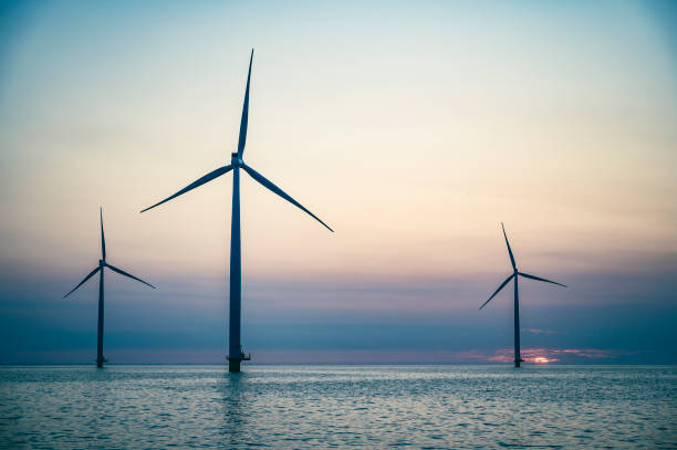 istock Wind turbines in an offshore wind park producing electricity during sunset. 1388540712