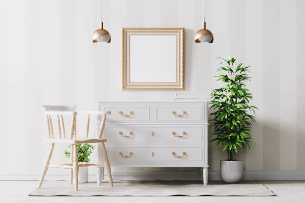 istock Golden wall picture frame in retro interior mockup 1388542267