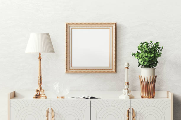 istock Golden picture frame in noble interior mockup 1388542268