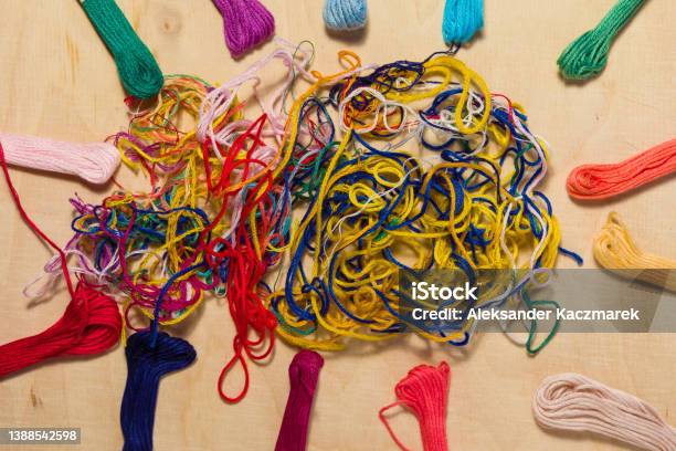 Colored Yarns Lying On The Table Stock Photo - Download Image Now - Ball Of Wool, Color Image, Group Of Objects