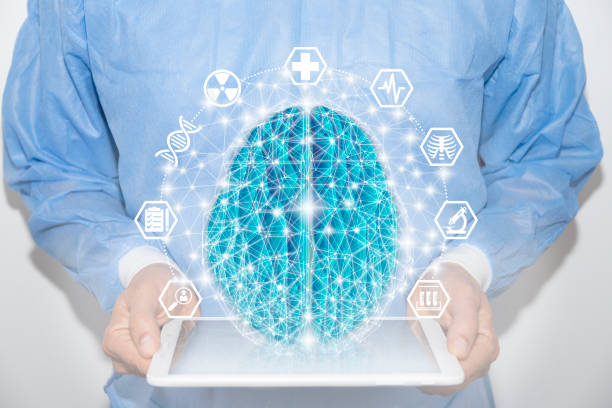 istock Artificial intelligence in medicine. Doctor with the tablet on which the digital brain and medical icons are presented. 1388544074