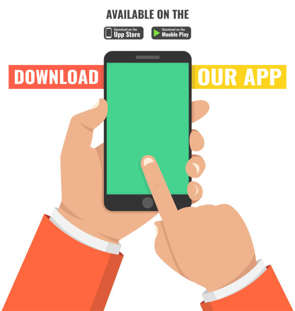 istock Download page of the mobile app. Hand holding smartphone and touching screen. Flat vector illustration. 1388545021