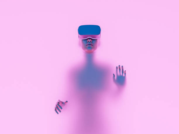 character with vr goggles immersed in backlit diffuse liquid - 未來派的 圖片 個照片及圖片檔