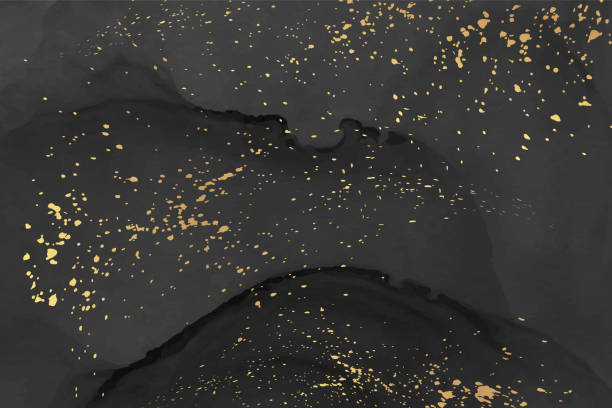 istock Watercolor background with abstract black ink waves and golden splashes. 1388547616