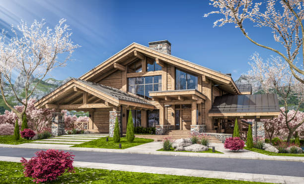 istock 3d rendering of modern cozy chalet in spring day 1388547701