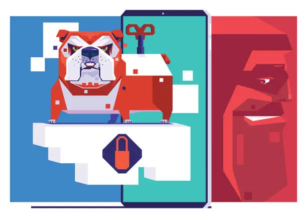 Vector illustration of bulldog guarding smartphone with hacker hiding behind