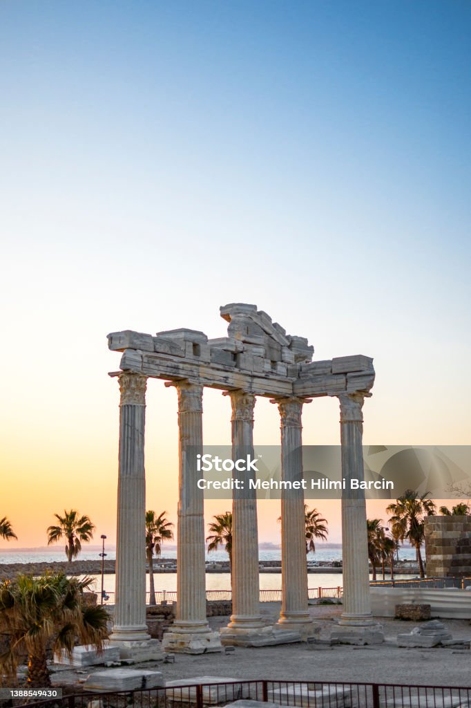 Ruins of the Temple of Apollo in the ancient city of Side, Side, Antalya, Turkey. Ancient temple of Apollo, Side - Antalya Antalya Province Stock Photo