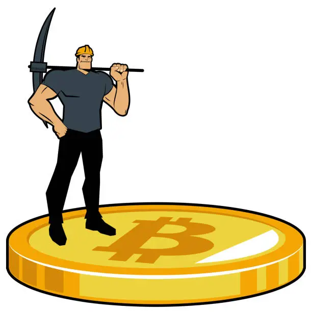 Vector illustration of A strong miner who wears a hardhat smiles and carries a pickaxe on his shoulder and stands with one fist on his hip on a big bitcoin