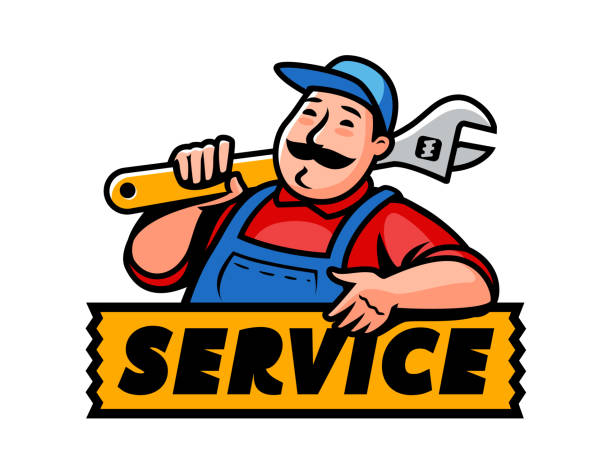 bauarbeiter mit schraubenschlüssel oder werkzeug. service-reparatur, klempnerarbeiten emblem. cartoon klempner vektor-illustration - mechanic cartoon construction work tool stock-grafiken, -clipart, -cartoons und -symbole