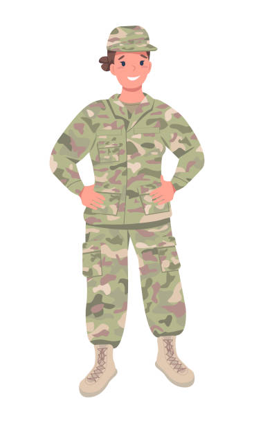 여성 군 장교 세미 플랫 컬러 벡터 문자 - military uniform illustrations stock illustrations