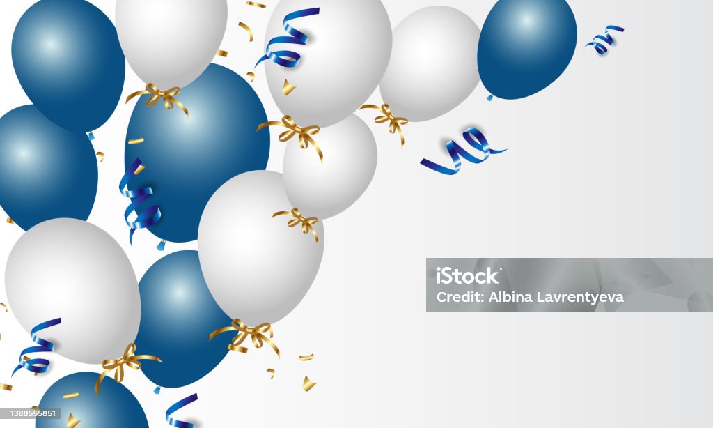 Festliches Banner mit blauem Konfetti und Luftballons - Lizenzfrei Jahrestag Vektorgrafik