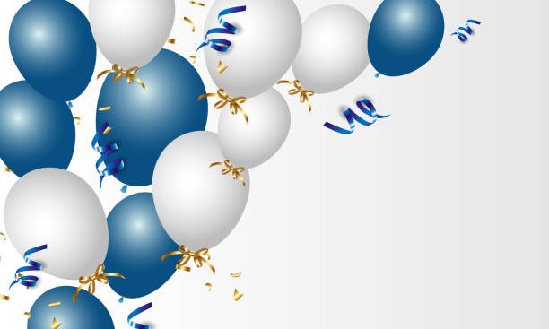 festliches banner mit blauem konfetti und luftballons - jahrestag stock-grafiken, -clipart, -cartoons und -symbole