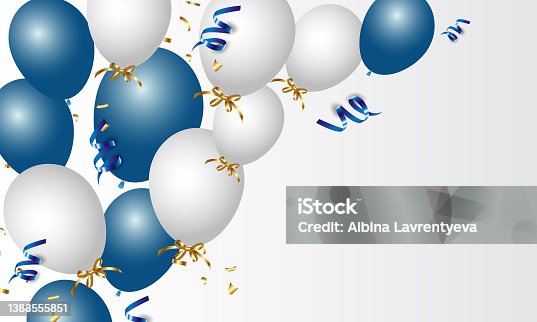 istock Festive banner with blue confetti and balloons 1388555851