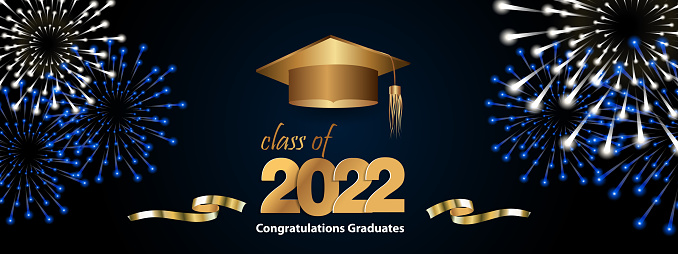 Graduation greetings 2022. Class of 2022. Congratulations on graduation. Realistic graduation hat and balloons. Vector