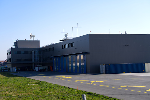 Swiss Air Force area at the Emmen Airbase on a sunny spring day. Photo taken March 23rd, 2022, Emmen, Switzerland.