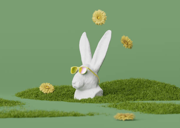 3D Easter rabbit bust Statue, gray  stone. Head sculpture with sunglasses. Pink and yellow flowers bouquet on green background. Nature, spring   abstract 3D render illustration with copy space.