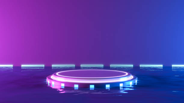 Futuristic sci-fi technology blank platform pedestal with blue and violet glowing neon lights for product presentation, 3d rendering stock photo