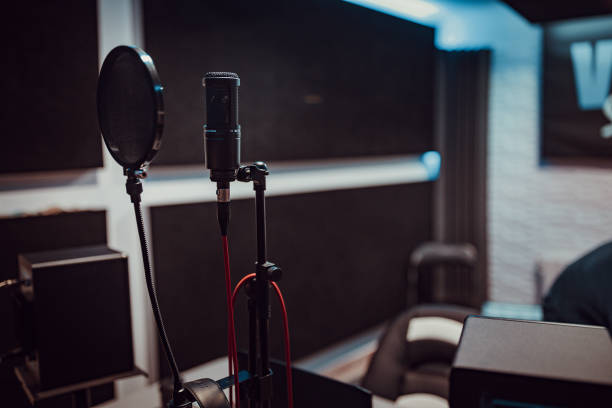 istock Close up of microphone in the music studio 1388561213