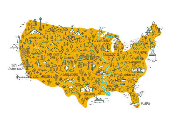 Cute hand drawn map of the USA, landmarks, national parks, cities, landscapes, great for banners, wallpapers, prints, postcards - vector design Cute hand drawn map of the USA, landmarks, national parks, cities, landscapes, great for banners, wallpapers, prints, postcards - vector design american culture stock illustrations