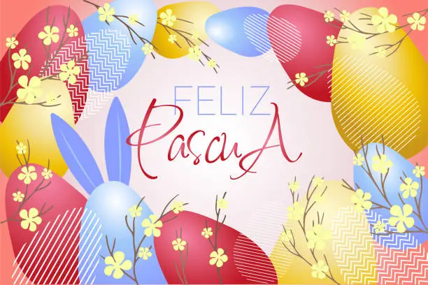 Vector illustration of Feliz Pascua lettering. Easter postcard with red violet golden Easter eggs and branch