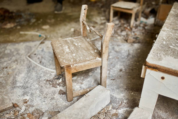 Broken, destroyd, abandoned kindergarten in Chernobyl Exclusion Zone, Lost toys, A broken plastic doll, Ukraine, ghost town Pripyat.