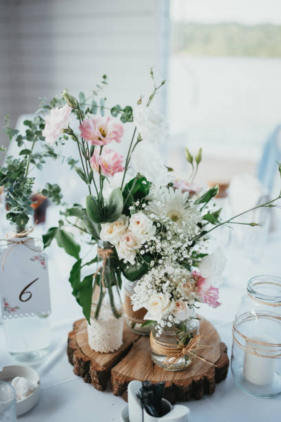 istock Decoration for party. Tables set for an event party or wedding reception. Luxury elegant table setting dinner in a restaurant. Glasses and dishes. 1388564599