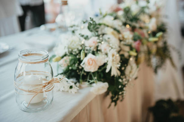istock Decoration for party. Tables set for an event party or wedding reception. Luxury elegant table setting dinner in a restaurant. Glasses and dishes. 1388564648