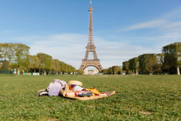 Picnic on champs de Mars in Paris Landscape of Eiffel Tower on blue sky background. Selective focus on picnic with wine and berries on champs de Mars in Paris. Selective focus. Travelling concept. Wanderlust. champ de mars stock pictures, royalty-free photos & images