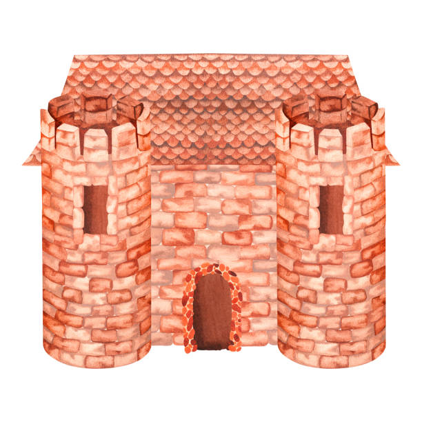 Brick castle. Watercolor illustration. Isolated on a white background. For design Brick castle. Watercolor illustration. Isolated on a white background. For your design of children's clothing, nursery interior items, stationery, book covers, illustrations of fairy tales. fairy door fairy tale antique stock illustrations