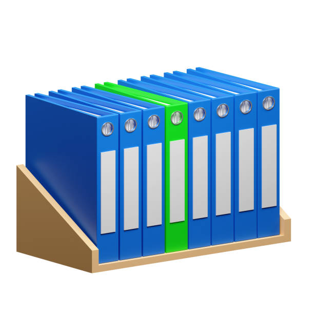 istock Shelf with folders. Office shelf with documents and files. Interior of office space. 1388569982