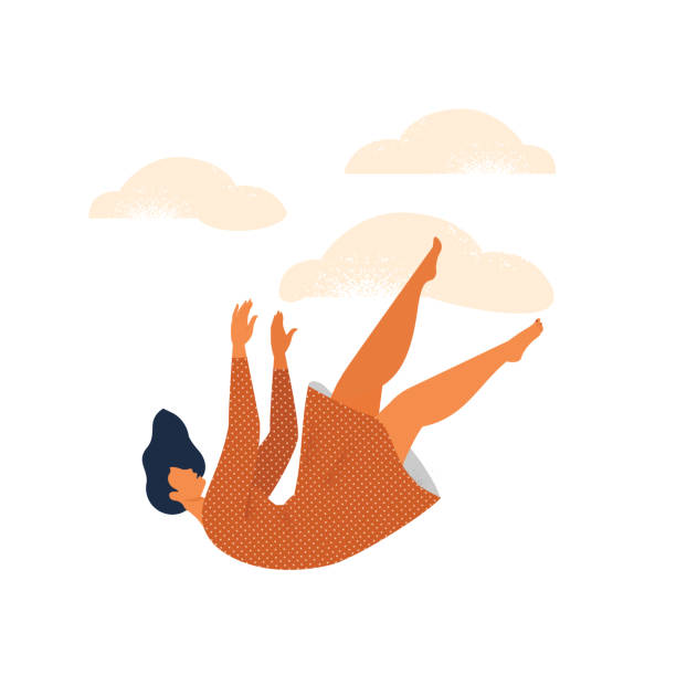 Falling female character, flat vector illustration. Shocked falling down woman because of stumbling, loss of support, accident, injury. Slippery, danger, risk. vector art illustration