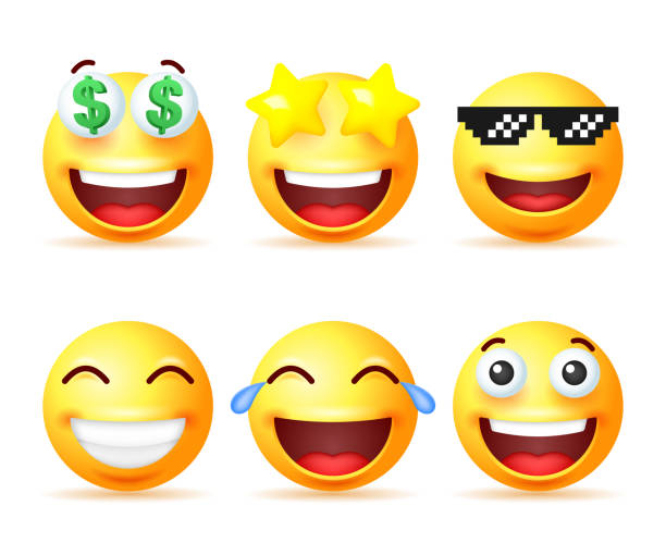 흰색 배경에 고립 된 미소 노란색 이모티콘 세트. - emoticon stock illustrations