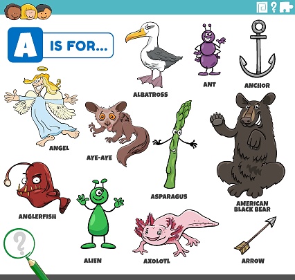 Letter A Words Educational Set With Cartoon Characters Stock Illustration -  Download Image Now - iStock
