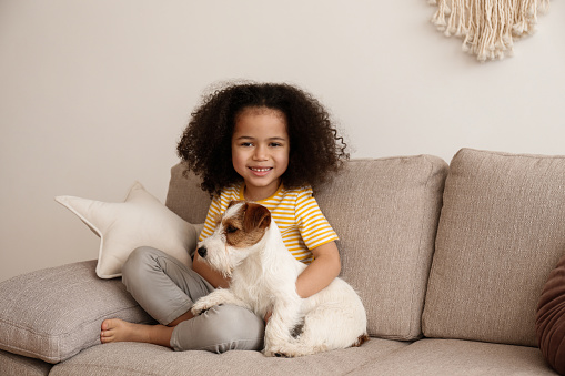 Little black girl playing with her friend, the adorable wire haired Jack Russel terrier puppy at home. Preschooler with rough coated pup lying on the couch. Interior background, close up, copy space.